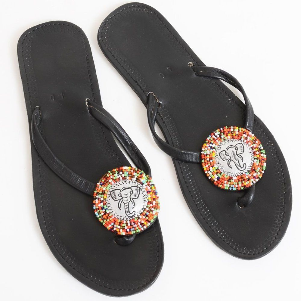 Elephant Medallion Beaded Flat Flip Flop Sandals Women's Size US 9 | EU 40